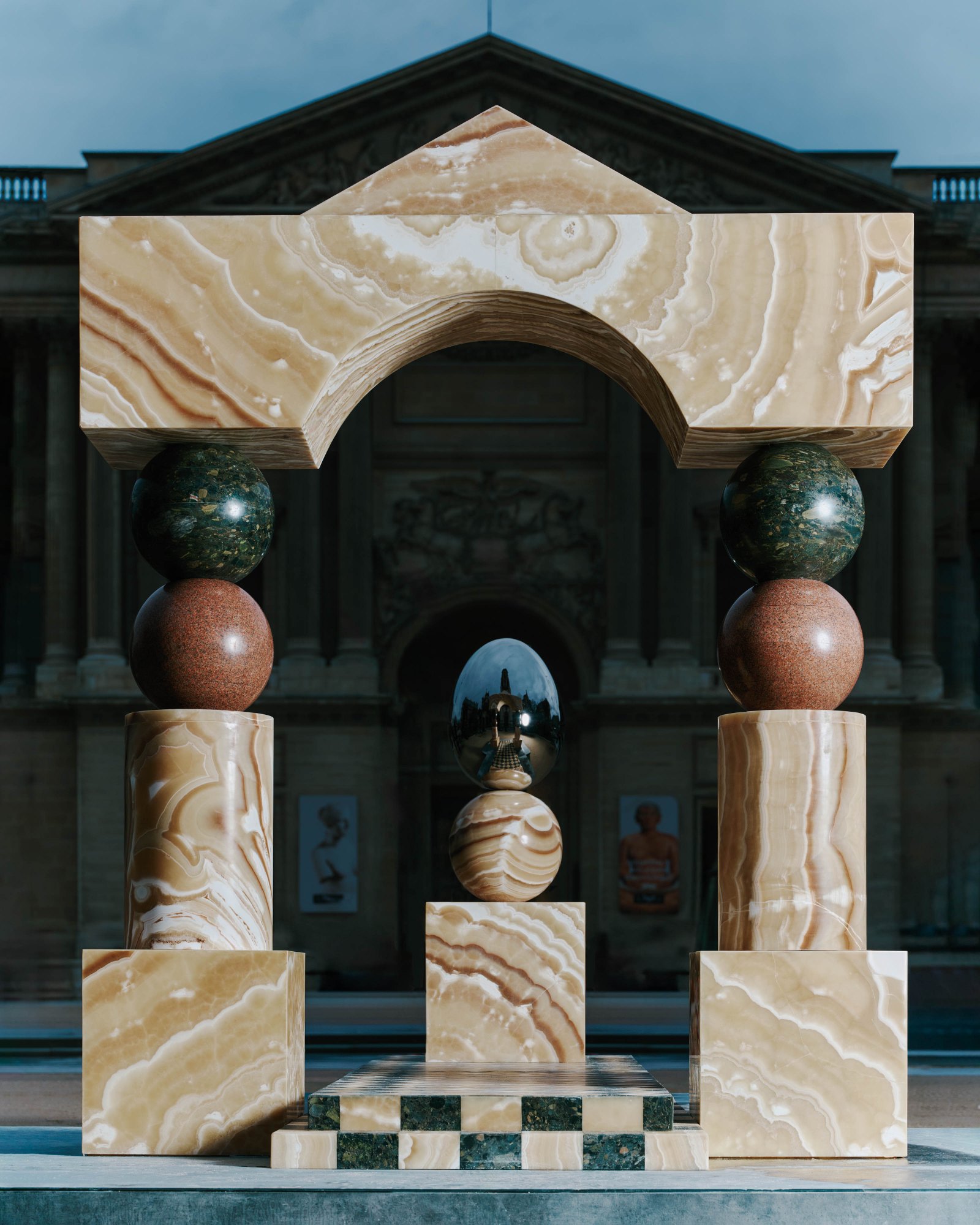 Mirror Gate II, public art by Pilar Zeta, alabaster, granite and stainless steel, Place du Louvre, Paris, 2026