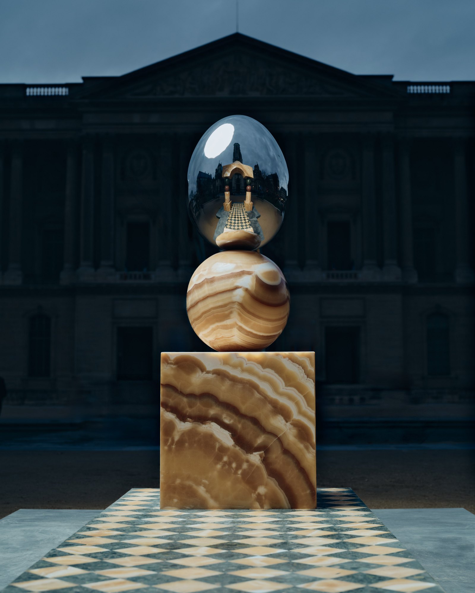Mirror Gate II, public art by Pilar Zeta, alabaster, granite and stainless steel, Place du Louvre, Paris, 2026