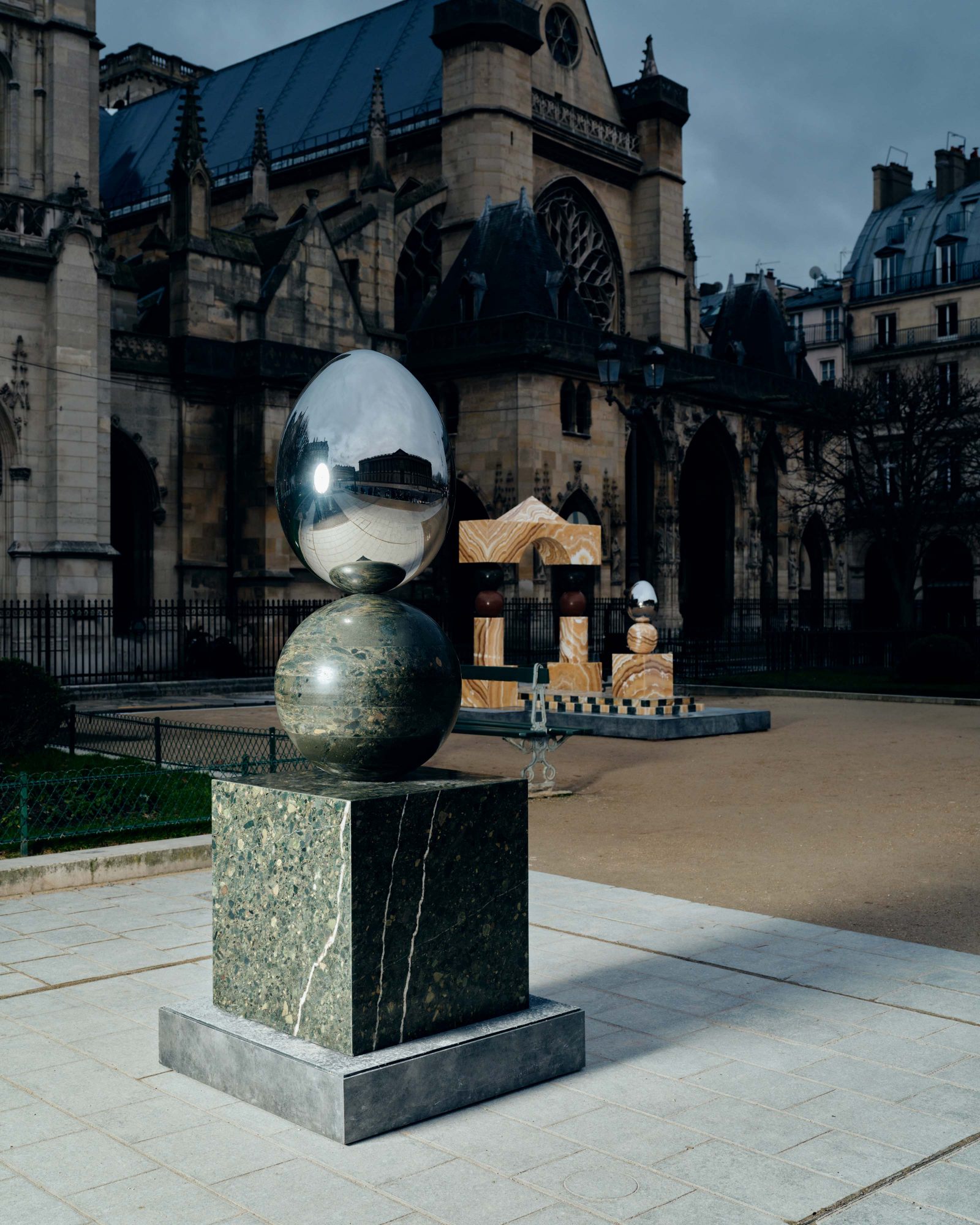Mirror Gate II, public art by Pilar Zeta, alabaster, granite and stainless steel, Place du Louvre, Paris, 2026