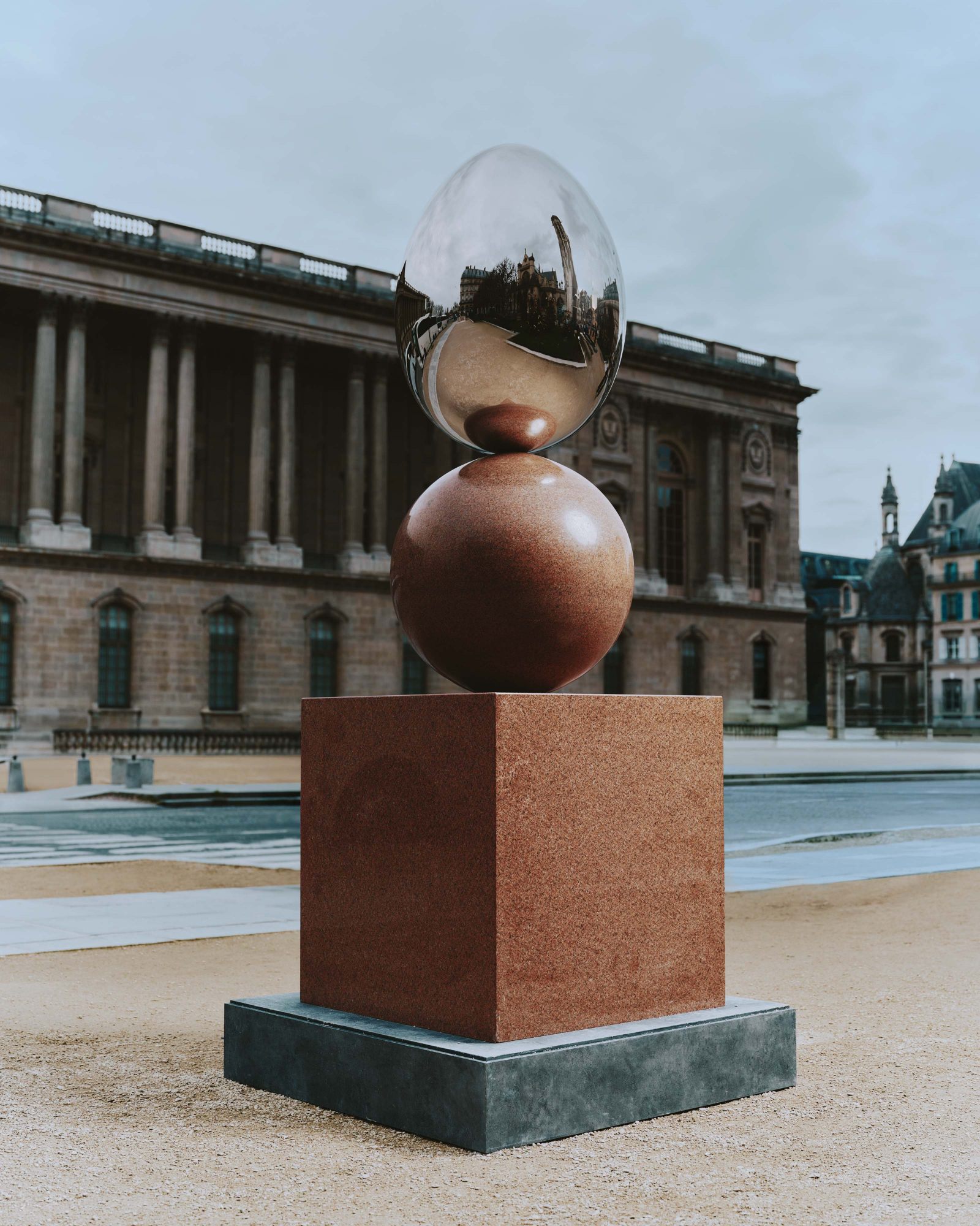 Mirror Gate II, public art by Pilar Zeta, alabaster, granite and stainless steel, Place du Louvre, Paris, 2026