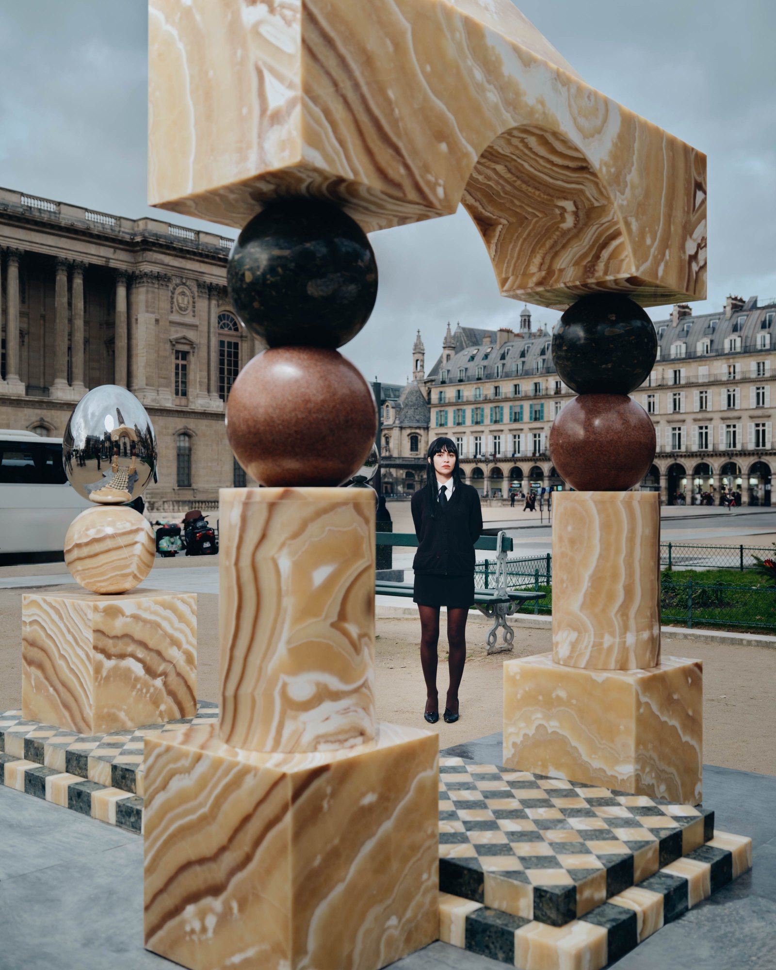 Mirror Gate II, public art by Pilar Zeta, alabaster, granite and stainless steel, Place du Louvre, Paris, 2026
