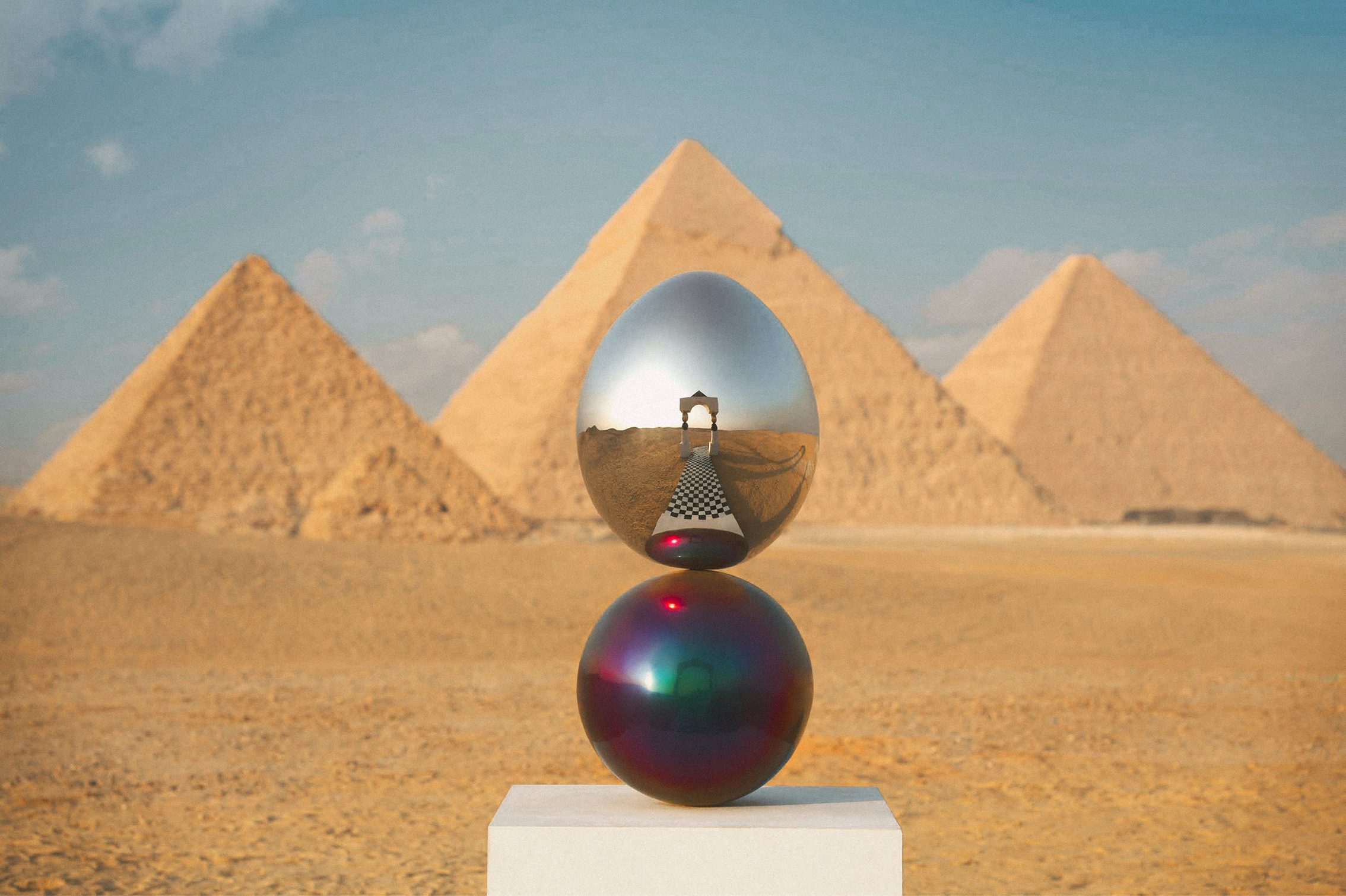 Mirror Gate, public art by Pilar Zeta, limestone and stainless steel, Giza, Egypt