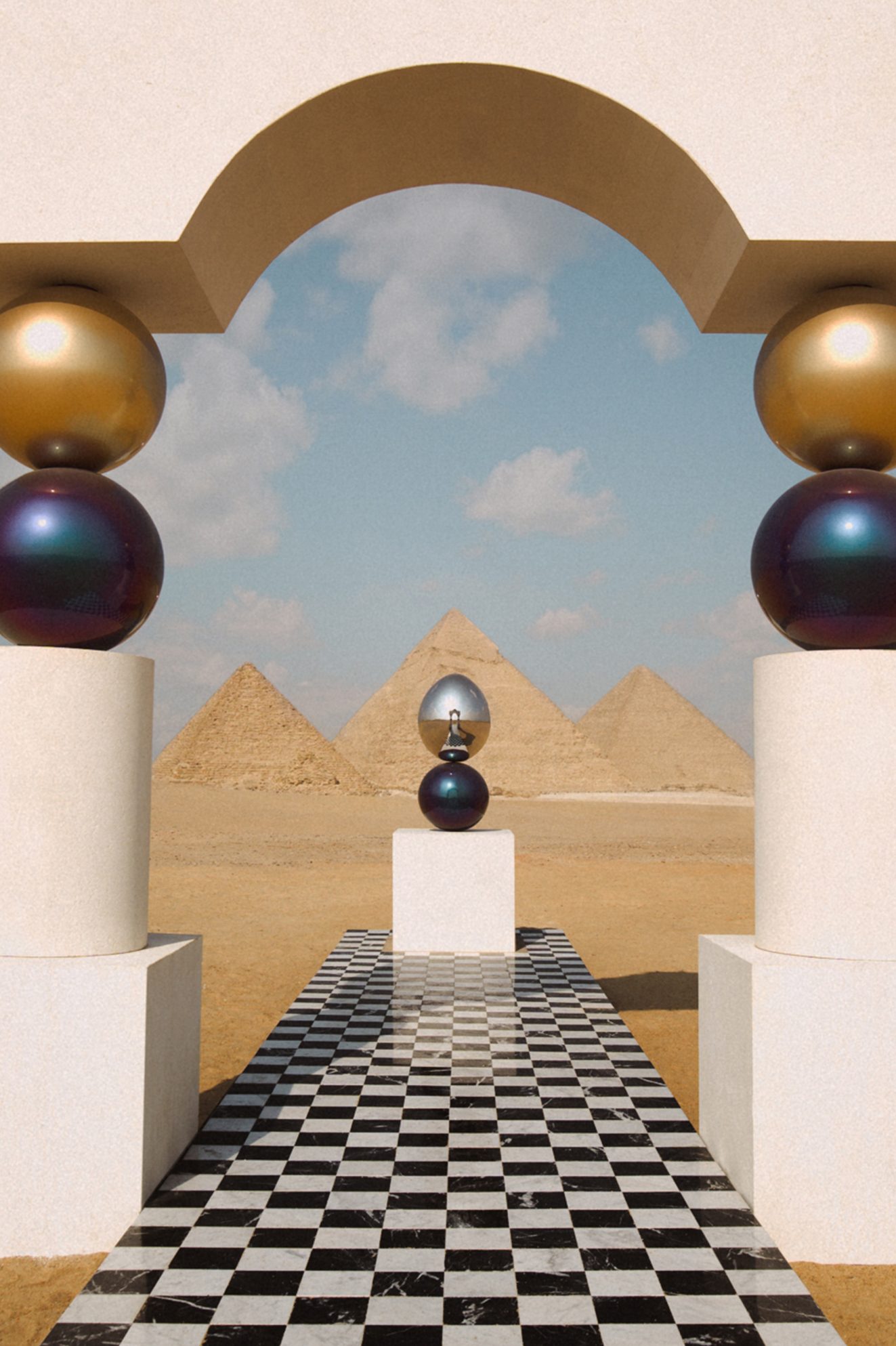 Mirror Gate, public art by Pilar Zeta, limestone and stainless steel, Giza, Egypt