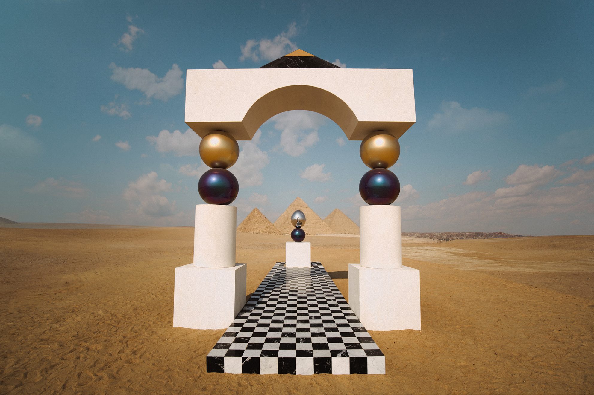Mirror Gate, public art by Pilar Zeta, limestone and stainless steel, Giza, Egypt