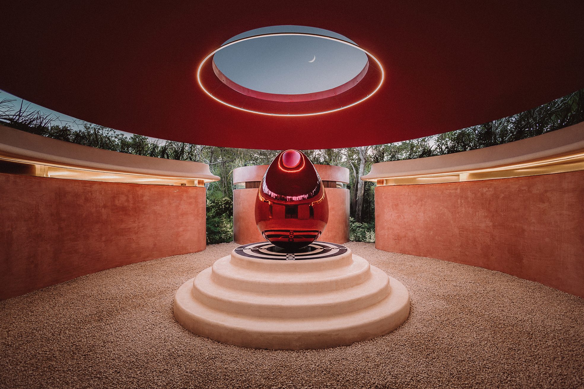 Portal del Éter Rojo, public art by Pilar Zeta, stainless steel, marble and onyx, Tulum, Mexico, 2025