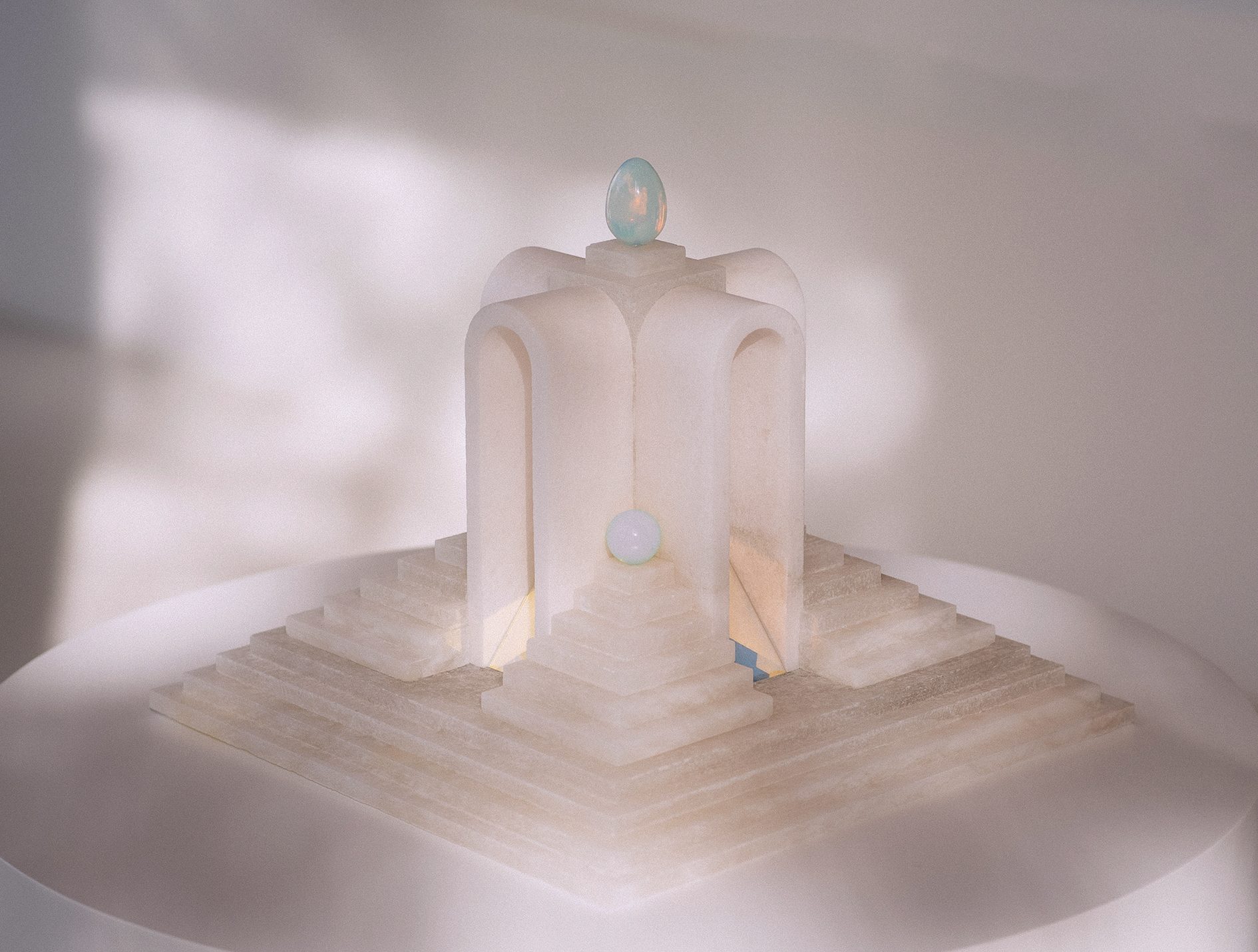 Temple of Hidden Light, art by Pilar Zeta, 2024. Illuminated alabaster portal sculpture with opaline and dichroic perspex