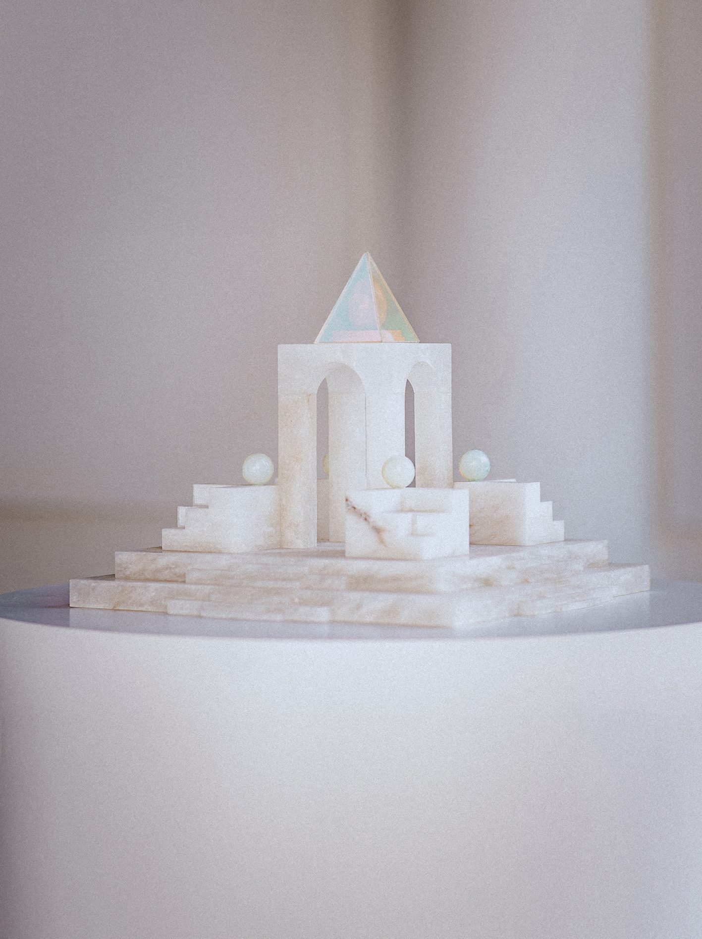 Temple of Hidden Light, art by Pilar Zeta, alabaster and dichroic perspex sculpture, 2024