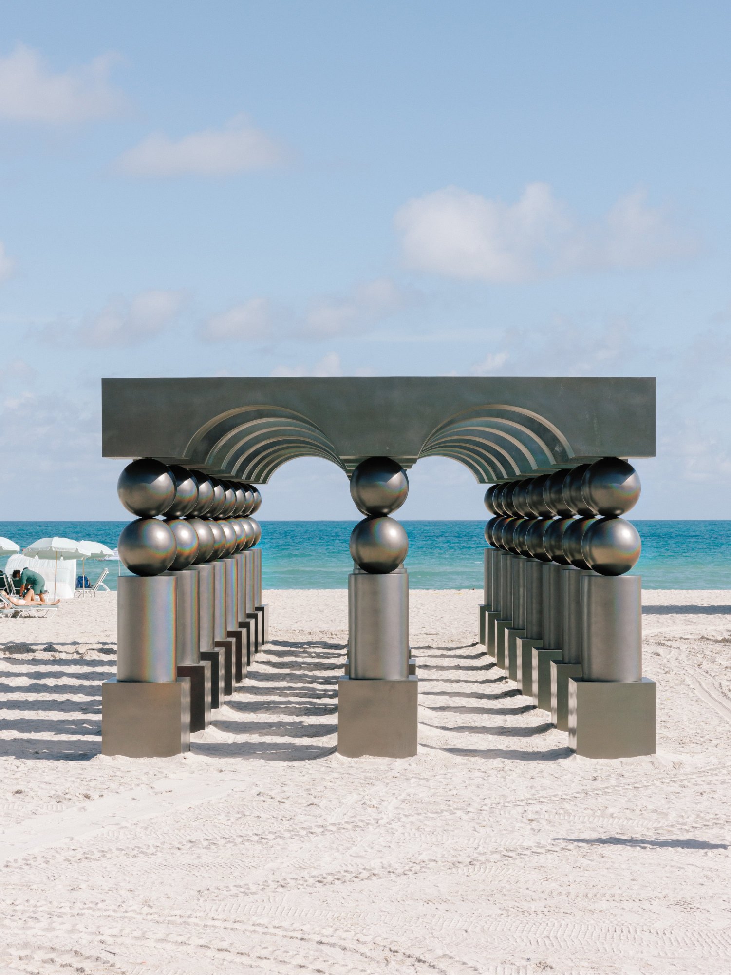 The Observer Effect, public art by Pilar Zeta, 2025. Eight monumental portals aligned along the shoreline in Miami Beach during Art Basel Miami Beach