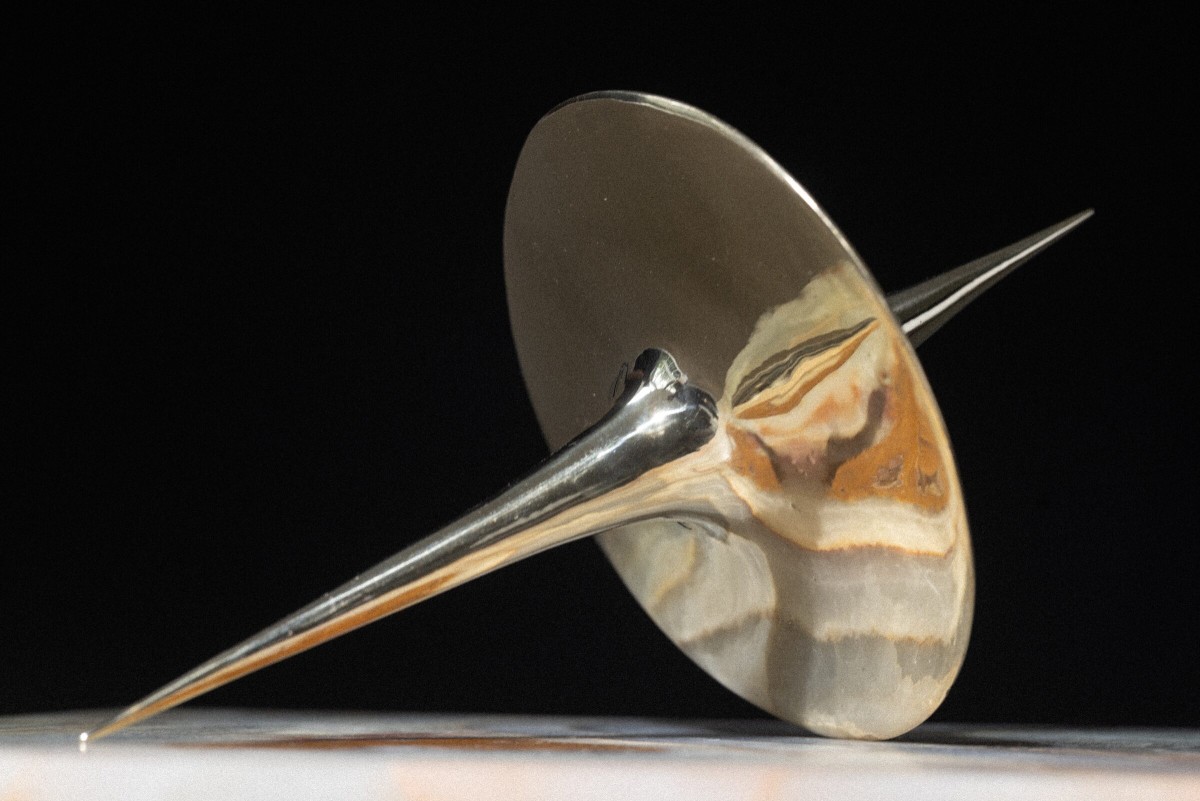 Harmonic Oscillator I, art by Pilar Zeta, polished bronze sculpture, 2026